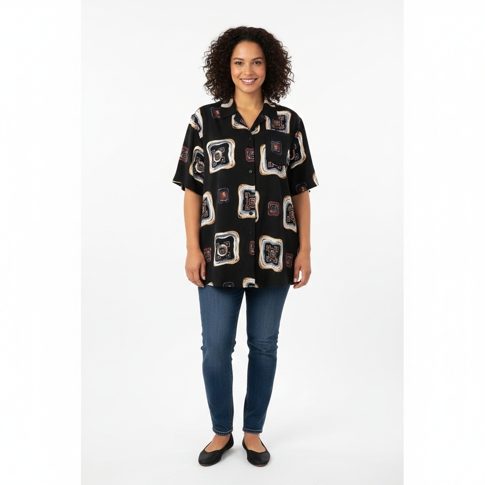 Vintage Renaissance Sportswear Geometric Print Shirt Size XL Black Short Sleeve